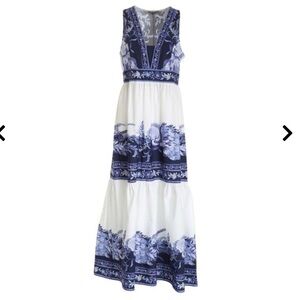 TWINSET FLORAL PRINT SLEEVELESS DRESS IN WHITE AND BLUE